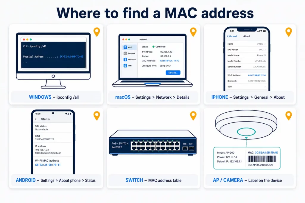Where to find the MAC address on Windows, macOS, iPhone, Android and network equipment