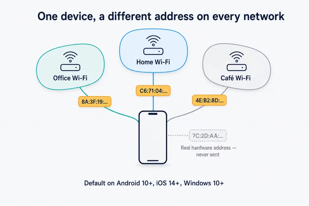 Phone presenting a different randomized MAC address to each Wi-Fi network it joins