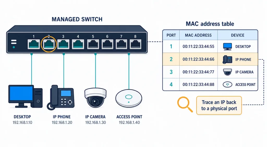 Managed switch MAC address table mapping physical ports to connected devices