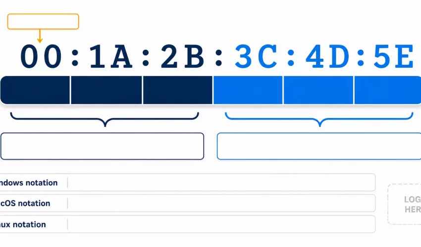 Diagram showing the 48-bit MAC address format split into OUI and device identifier