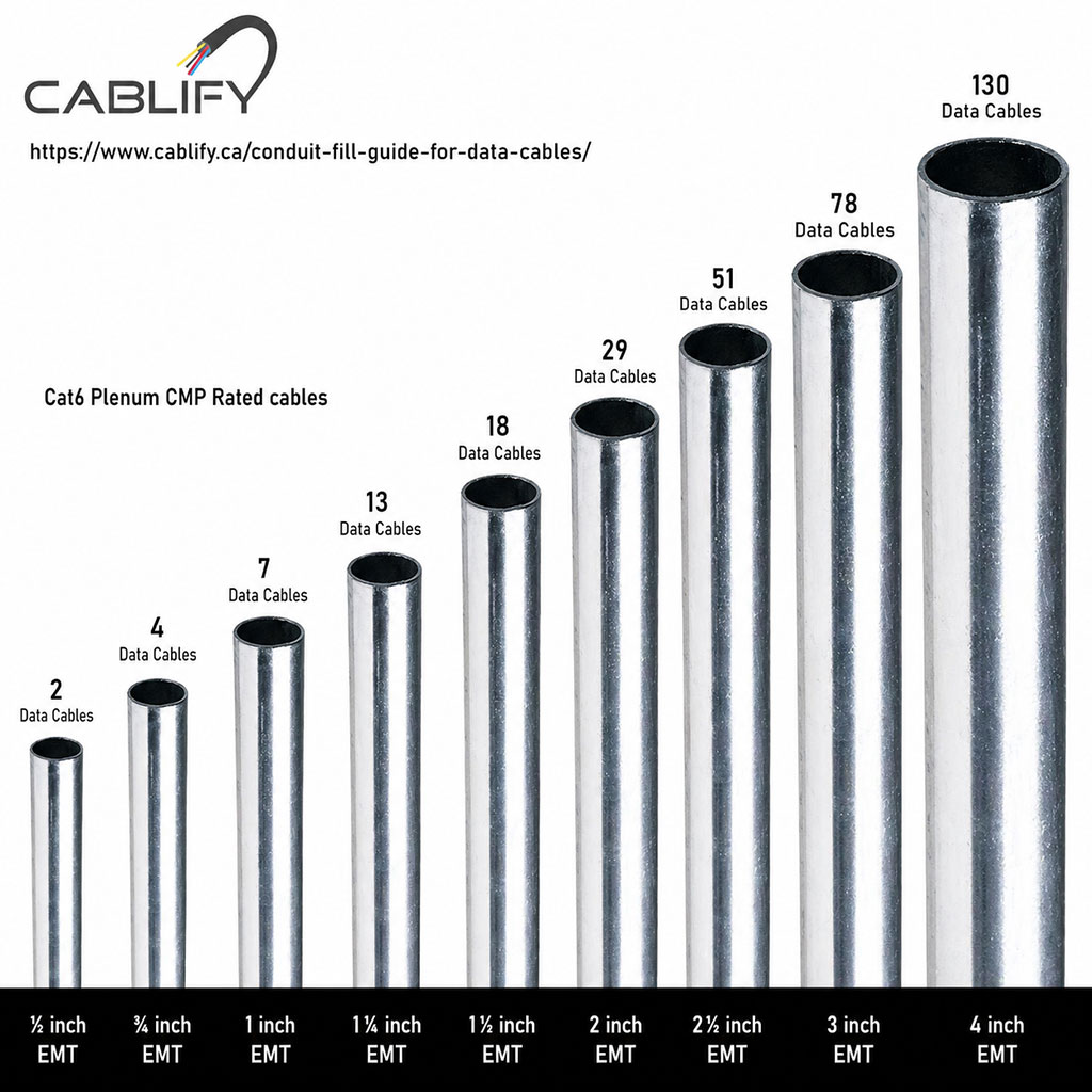 Cat6 conduit fill guide chart showing maximum Cat6 cables in EMT conduit sizes from half inch to 4 inch based on NEC 40 percent fill rule