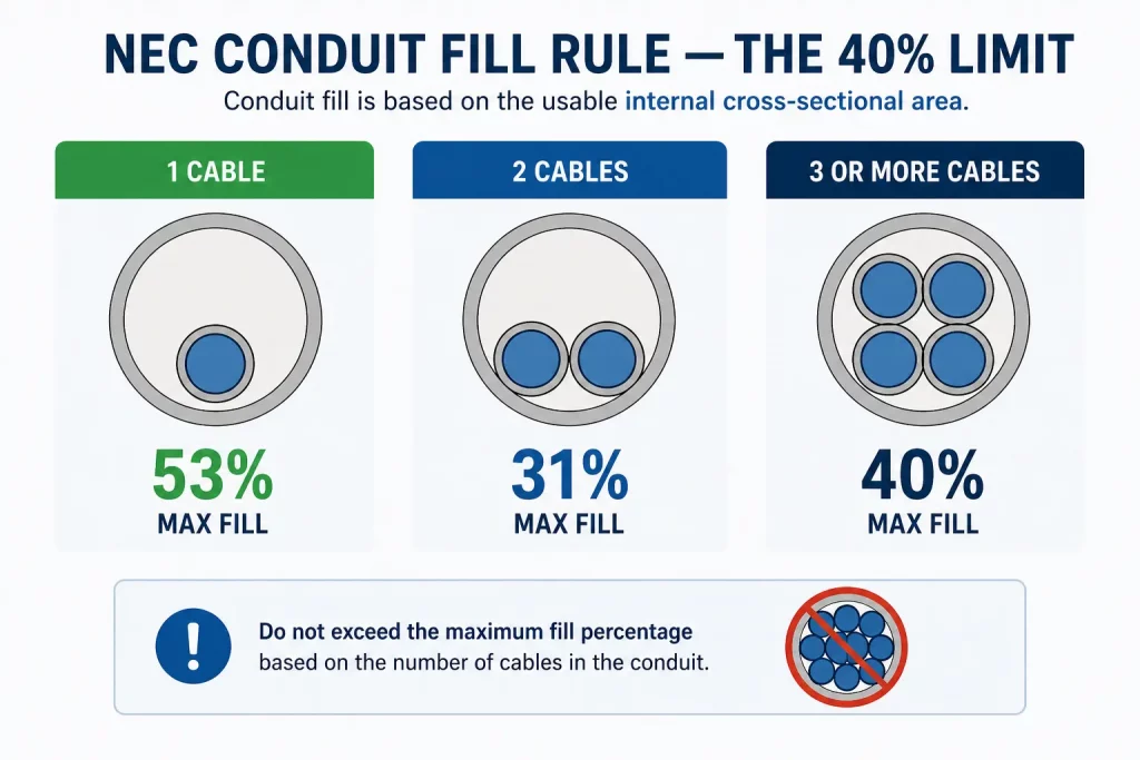 NEC Conduit Fill Rule diagram showing 53 percent fill for 1 cable, 31 percent for 2 cables, and 40 percent for 3 or more cables