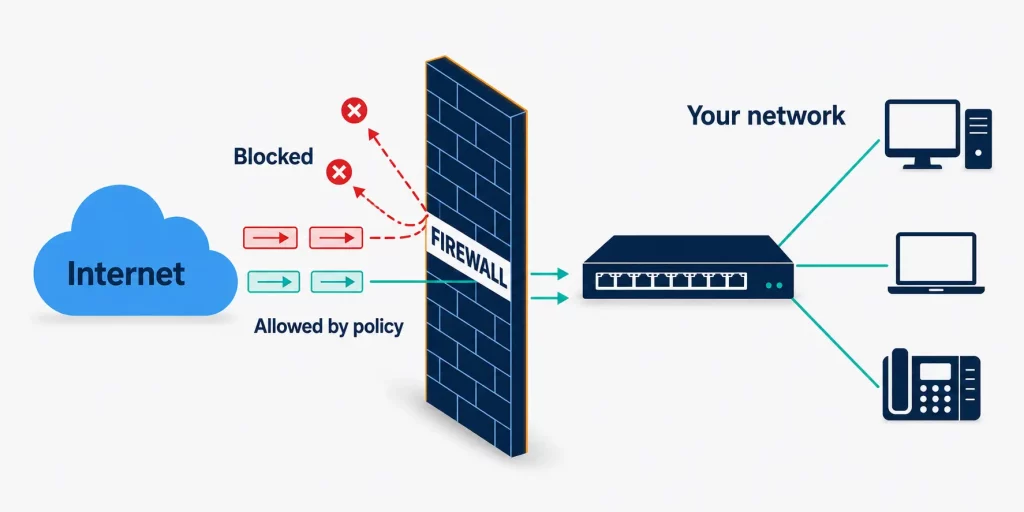 Firewall positioned between the internet handoff and the core switch in a business network