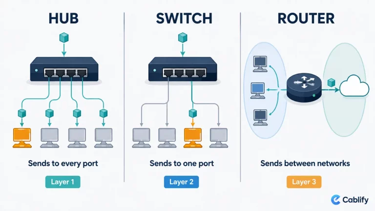 Diagram comparing how a hub, a switch and a router each handle network traffic