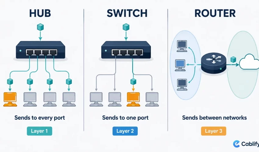 Diagram comparing how a hub, a switch and a router each handle network traffic