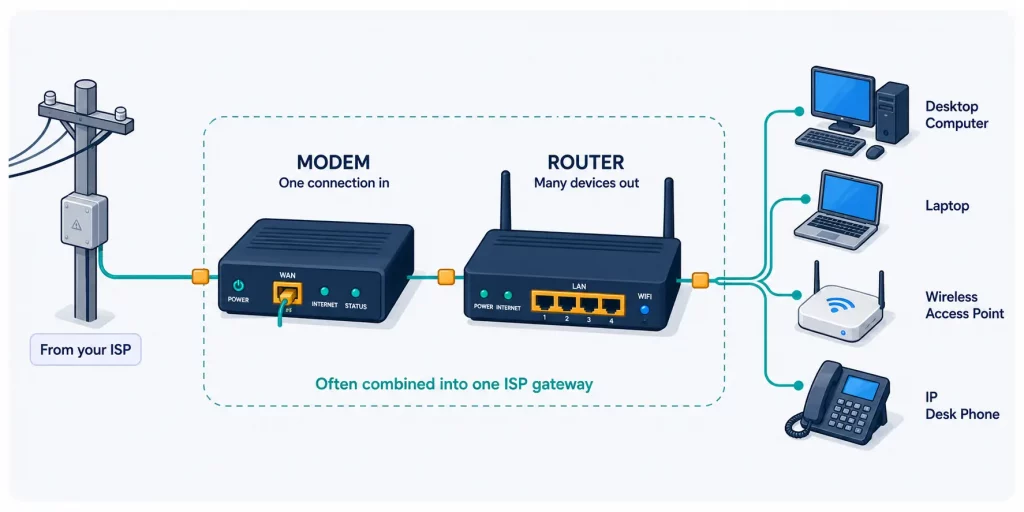 Diagram showing the difference between a modem and a router in a network