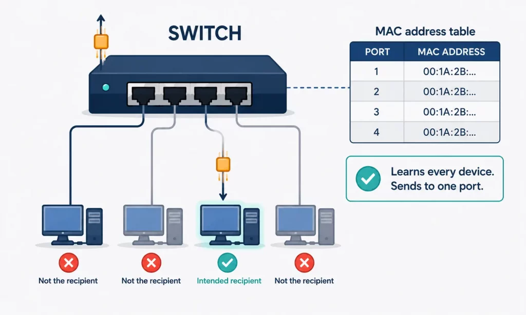 Network switch using its MAC address table to forward a packet to a single port
