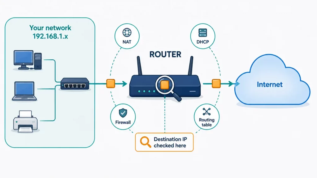 Router forwarding a data packet between a local network and the internet using IP address