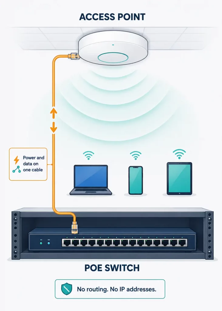 Wireless access point connected to a PoE switch providing Wi-Fi coverage to devices