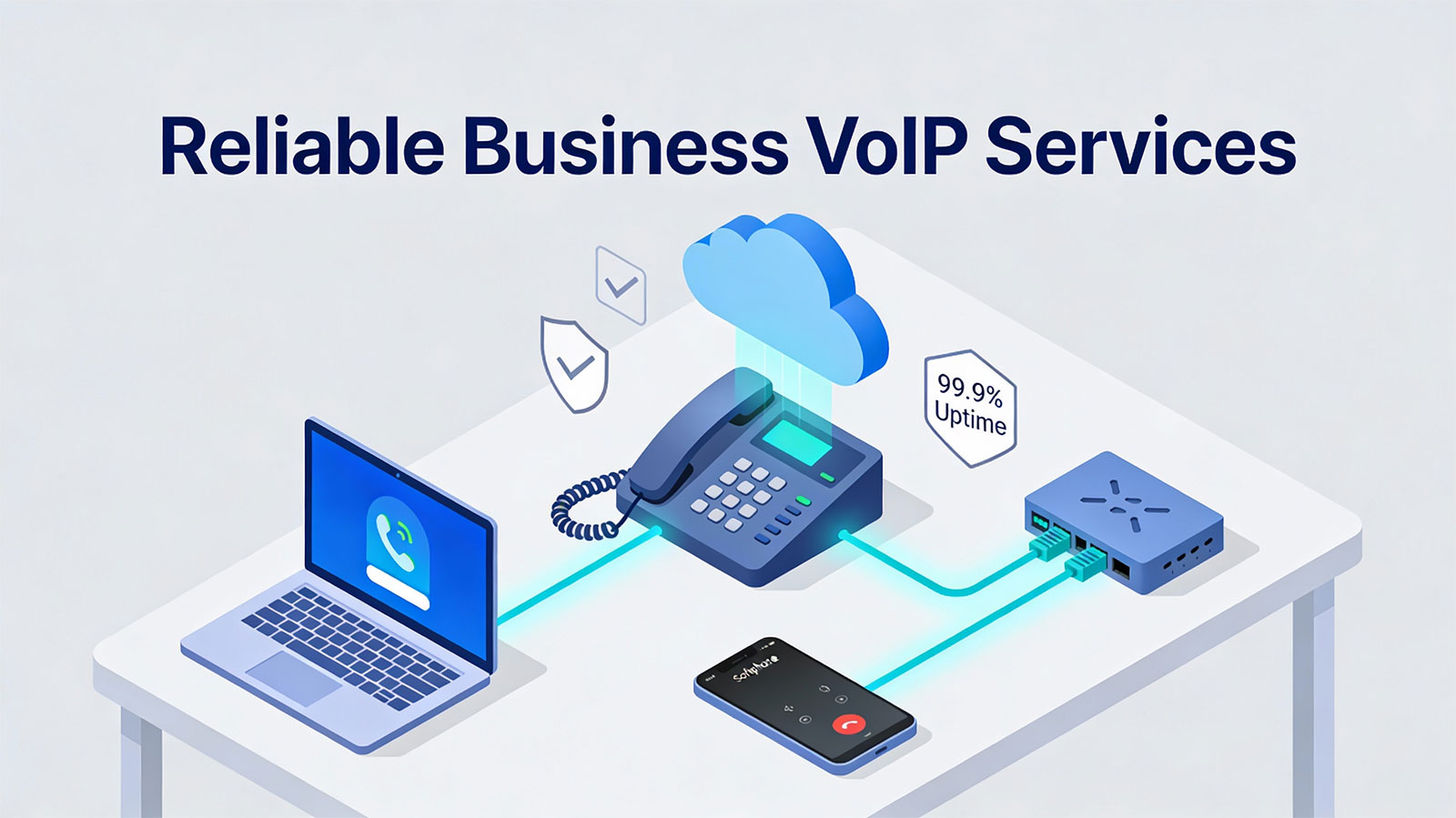 Illustration of business VoIP: a desk phone, laptop and mobile connected to a cloud phone system through the office network
