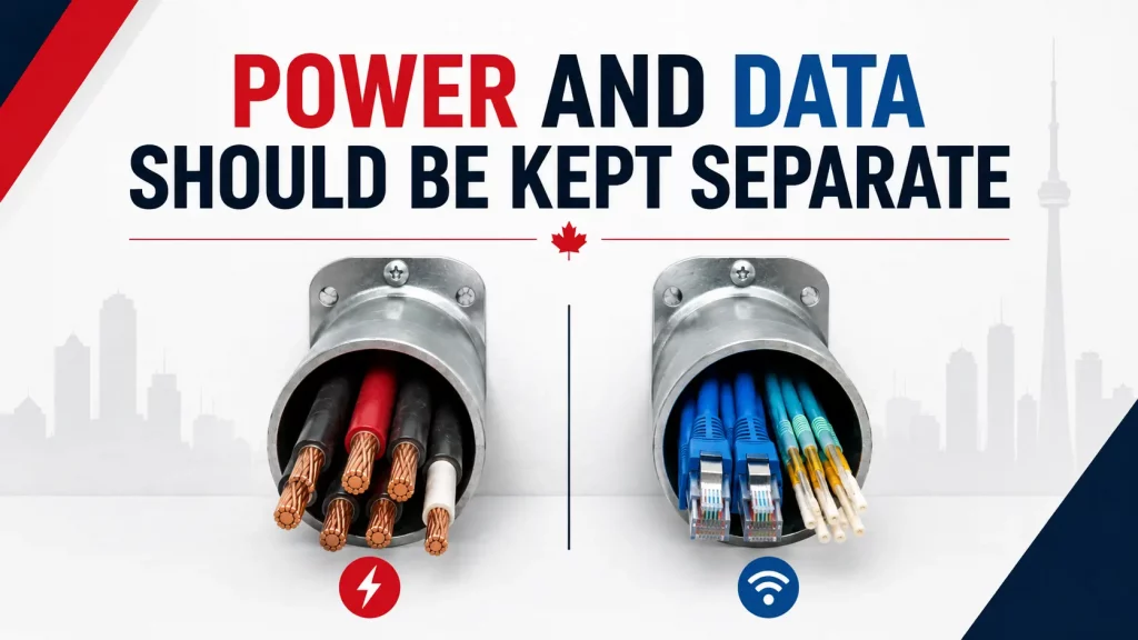 Diagram comparing a conduit of power conductors against a conduit of data cables, showing why the two are kept separate