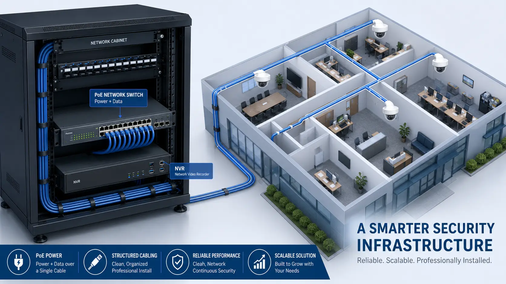 PoE switch, structured cabling and NVR powering security cameras