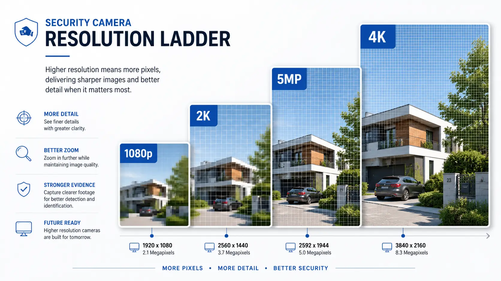 Security camera resolution comparison showing 1080p, 2K, 5MP and 4K detail