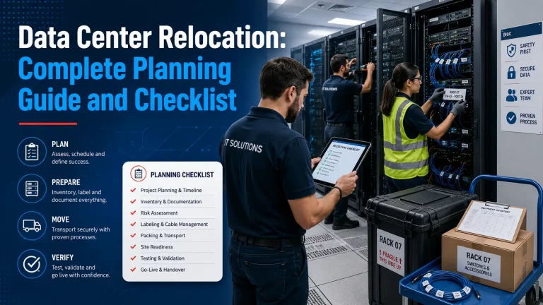 Technicians preparing server racks for a data center relocation project