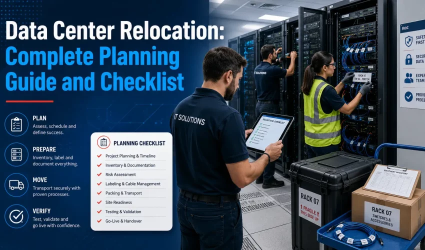 Technicians preparing server racks for a data center relocation project