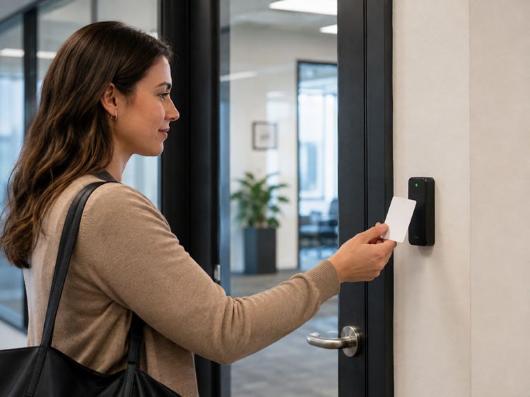 Employee badging in at a card reader on a commercial door in Mississauga