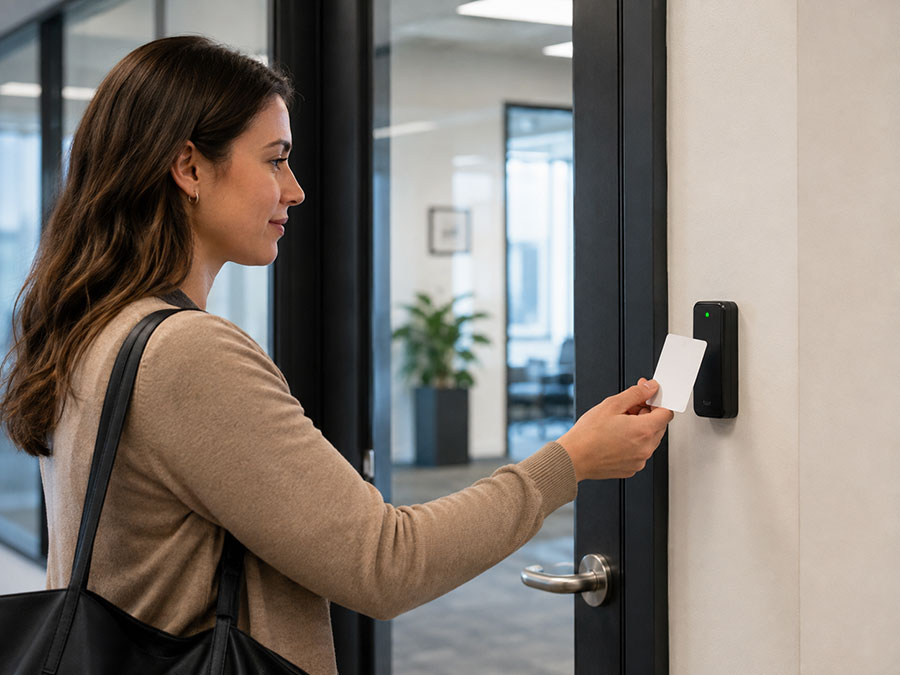 Employee using a key fob on a door access control reader in a Toronto office