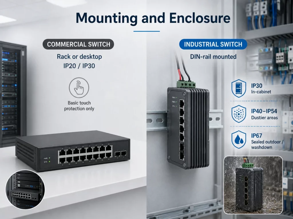 Mounting and Enclosure Industrial Switches vs Commercial Switches
