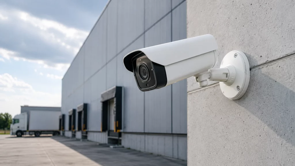Commercial bullet security camera mounted on a warehouse wall above truck dock doors