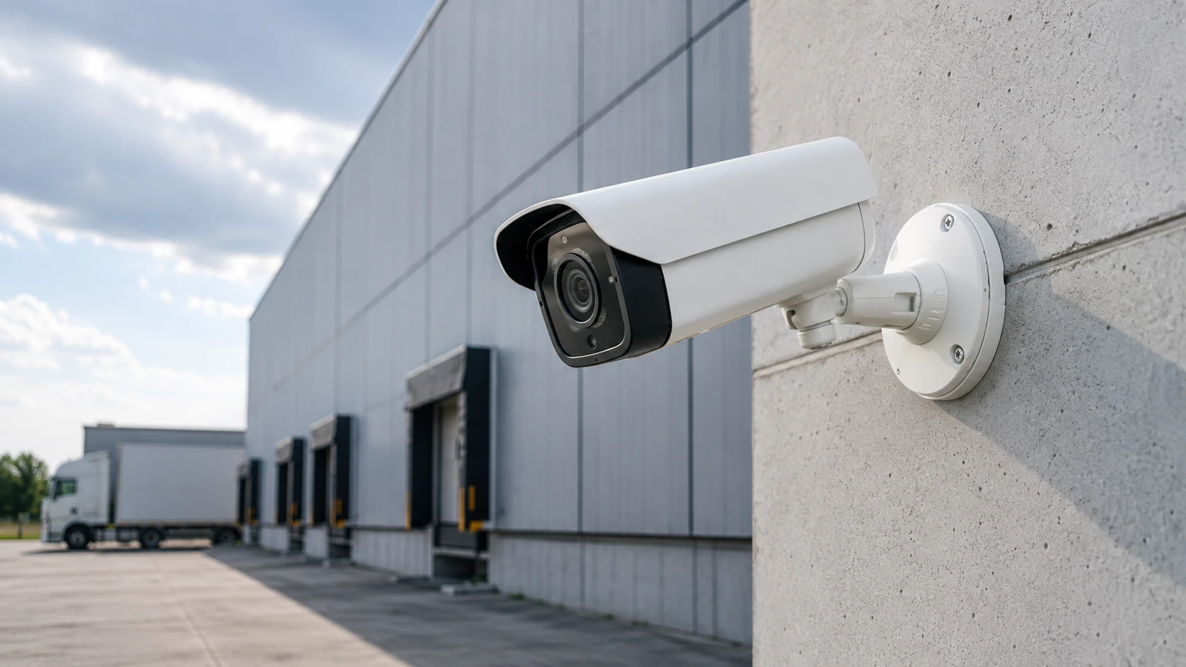 Commercial bullet security camera Commercial bullet security camera mounted on a warehouse exterior wall