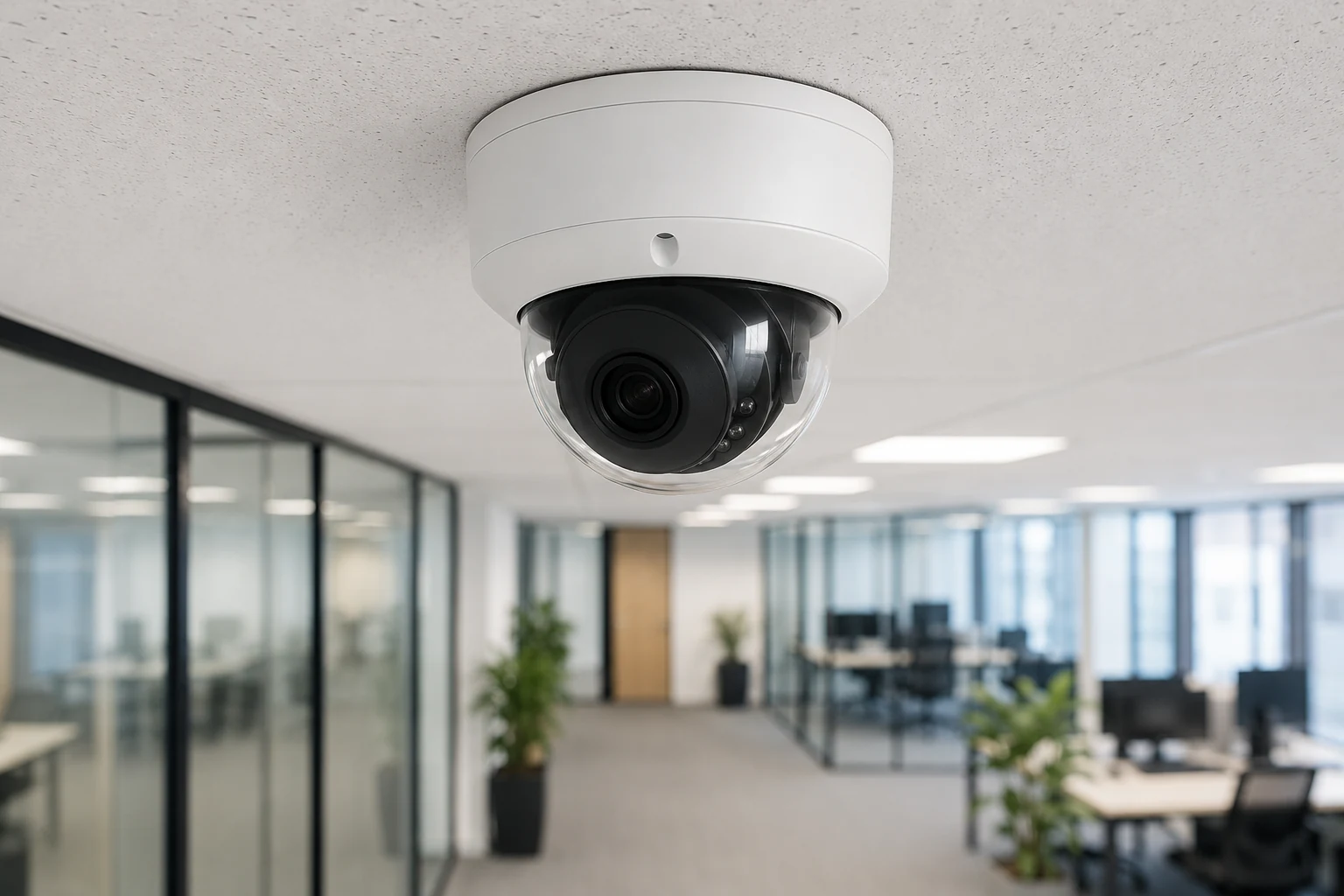 Commercial dome security camera Commercial dome security camera mounted on an office ceiling