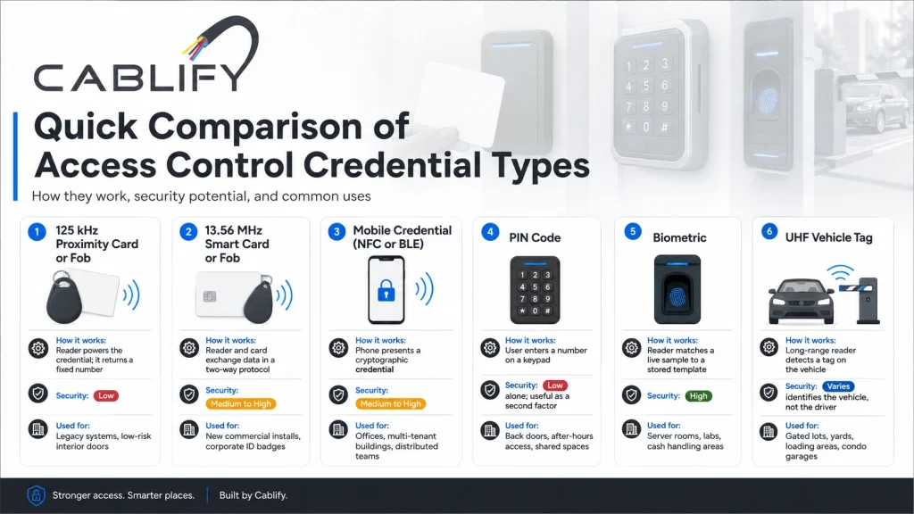 Comparison of access control credential types including fobs, cards and mobile