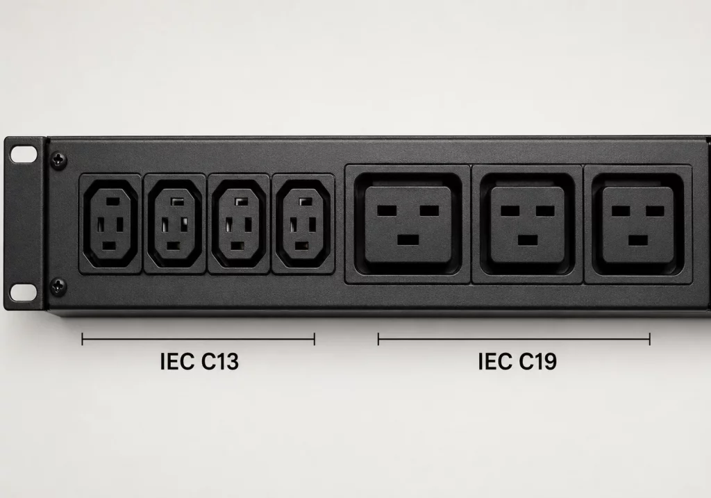 IEC C13 sockets and IEC C19 sockets on a rack PDU, showing the size difference between the two connector types.