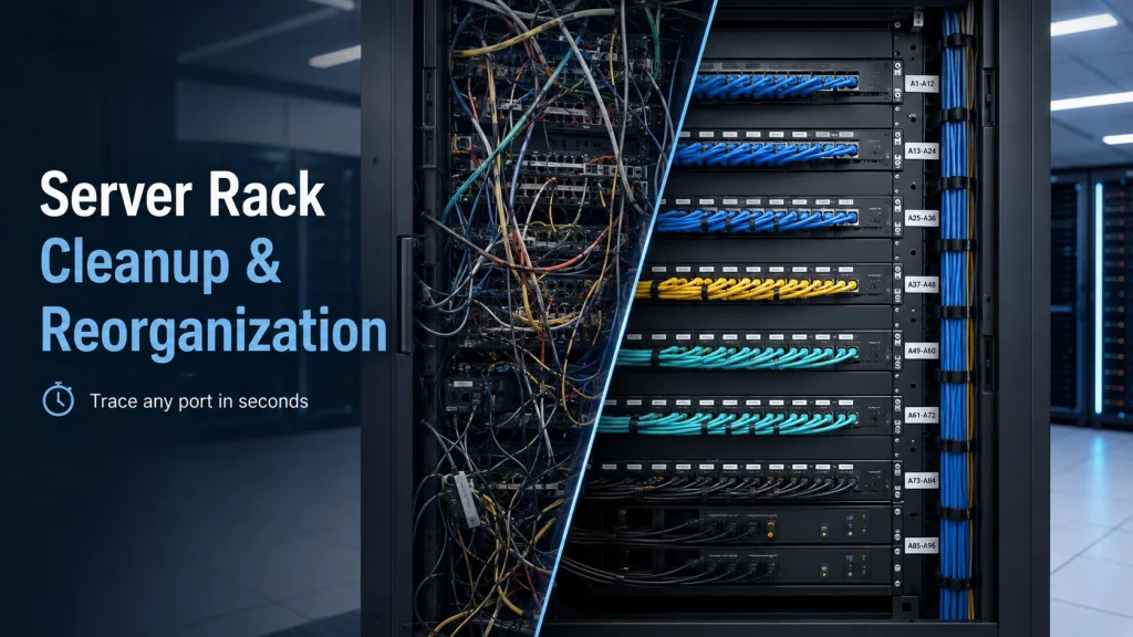 Server rack before and after cleanup, with tangled patch cords on one side and labelled, colour coded patch panels on the other