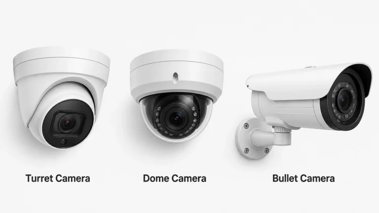 Turret, dome and bullet security cameras side by side showing the difference in housing design