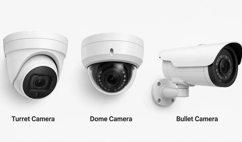 Turret, dome and bullet security cameras side by side showing the difference in housing design