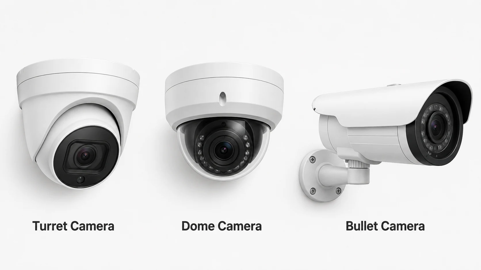 Turret vs dome vs bullet security cameras Turret, dome and bullet security cameras side by side showing the difference in housing design