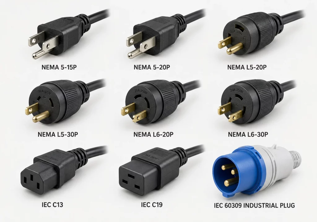 Nine UPS plug and connector types arranged in a grid, including NEMA 5-15P, NEMA L5-30P, IEC C13, IEC C19 and IEC 60309 industrial plugs.