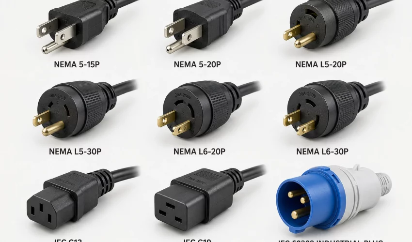 Nine UPS plug and connector types arranged in a grid, including NEMA 5-15P, NEMA L5-30P, IEC C13, IEC C19 and IEC 60309 industrial plugs.