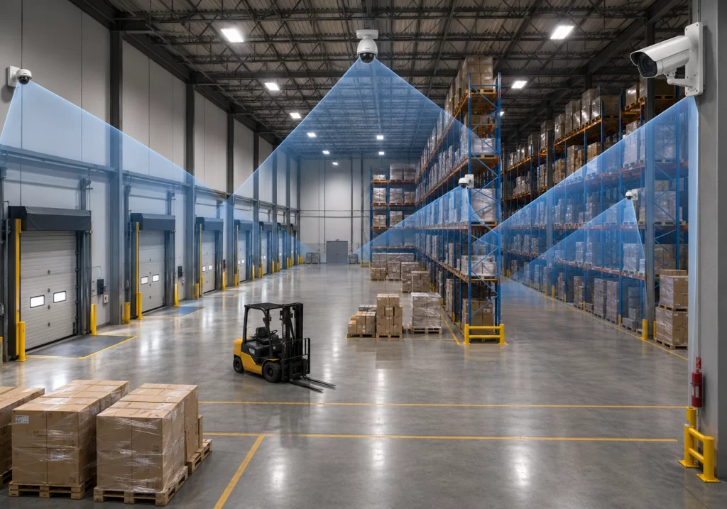 Warehouse interior showing security camera coverage over dock doors, aisles and staging areas