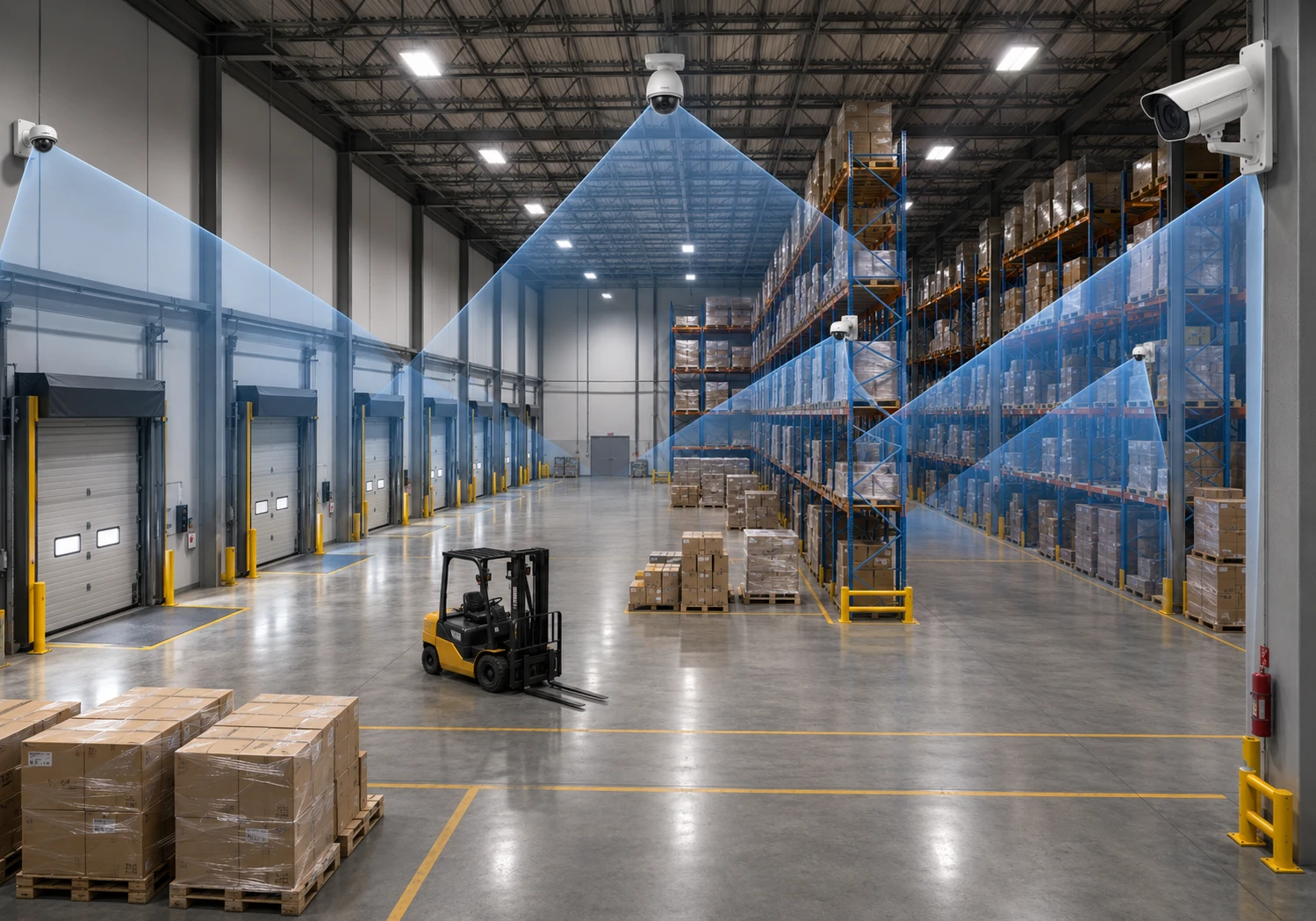 Warehouse security camera placement Security camera placement across a warehouse showing dock doors, racking aisles and open floor