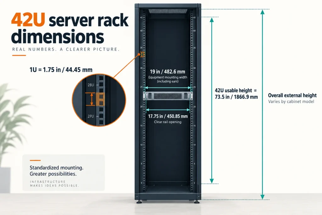 42U server rack dimensions diagram with rack unit height and 19 inch width