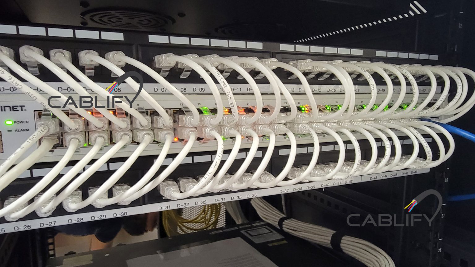 White Cat6 patch cords dressed into a patch panel above a Fortinet switch in a Toronto server rack