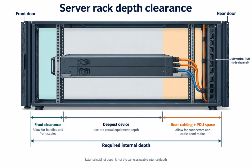 Server rack depth diagram showing device depth plus front and rear clearance