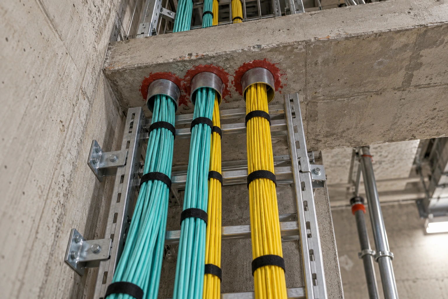 Aqua and yellow fiber backbone cables on a vertical cable ladder passing through firestopped sleeves in a riser floor slab