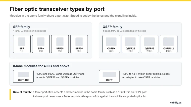 Chart of fiber optic transceiver types by port: SFP, SFP+, SFP28 and SFP56 in the SFP family, QSFP+, QSFP28, QSFP56 and QSFP112 in the QSFP family, plus QSFP-DD and OSFP for 400G and above