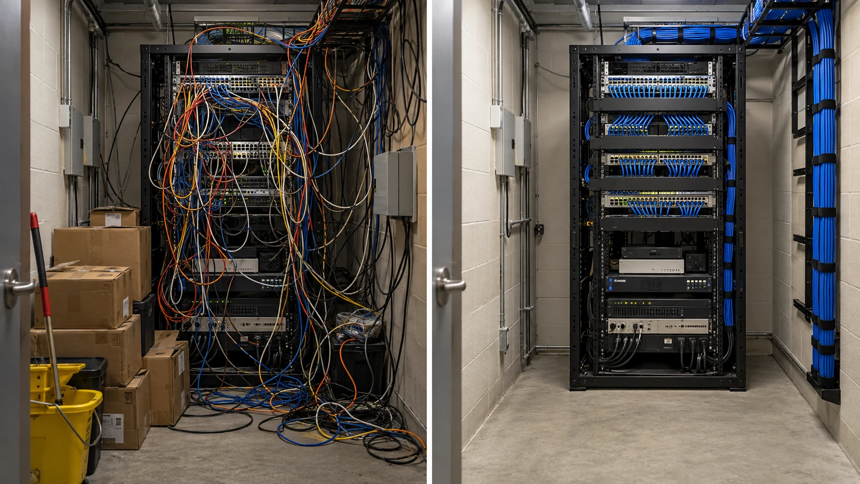 Messy IDF closet with tangled patch cords and storage boxes beside the same closet after a cleanup with neatly dressed cables