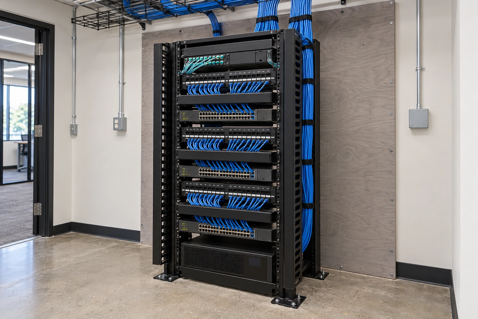 IDF closet with a two-post rack of patch panels, PoE access switches and a UPS in front of a plywood backboard