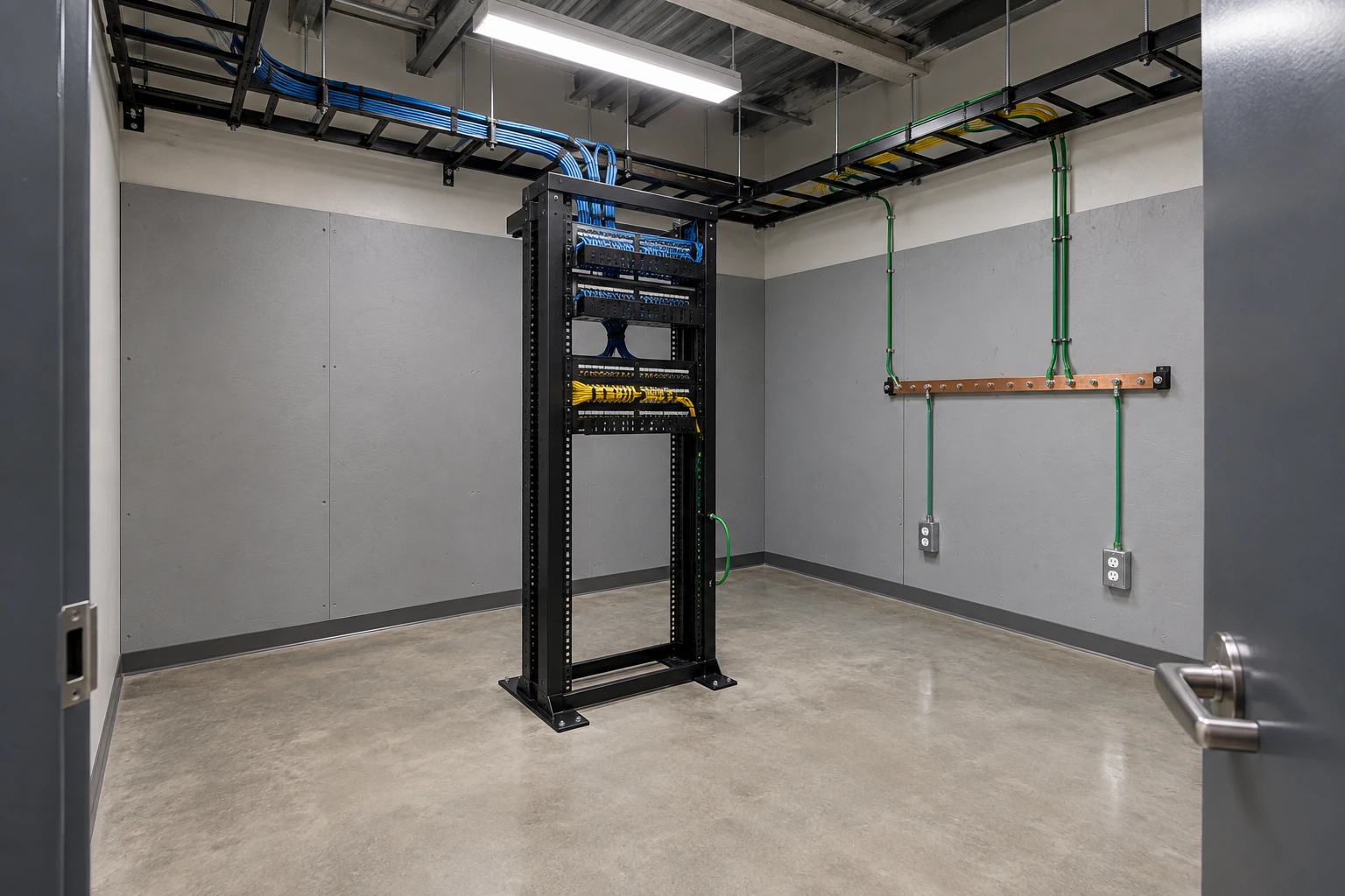 Dedicated IDF room with a two-post network rack, overhead ladder rack, lined walls and a copper grounding busbar
