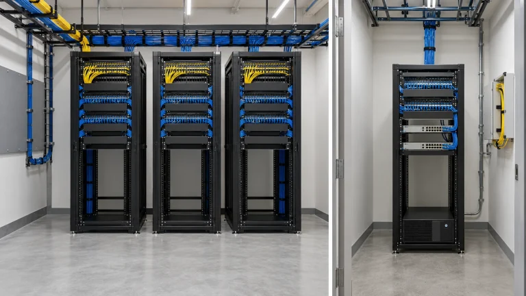 Commercial MDF room with three network racks next to a smaller IDF closet with a single rack and a wall-mounted fiber enclosure