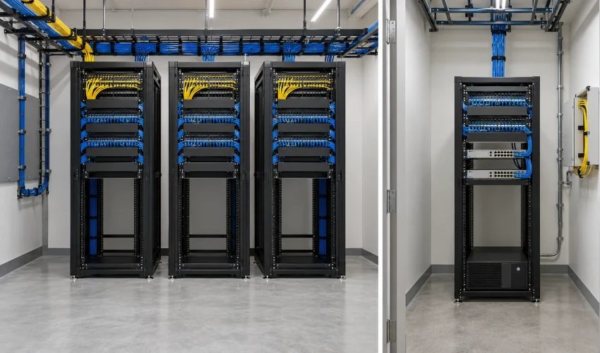 Commercial MDF room with three network racks next to a smaller IDF closet with a single rack and a wall-mounted fiber enclosure