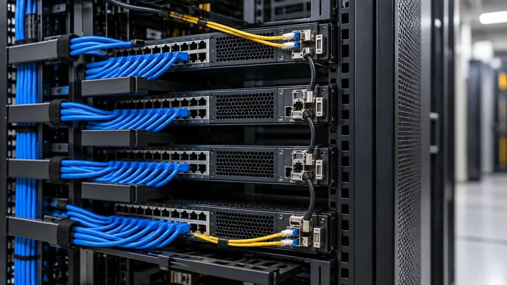 Four stackable network switches in a server rack linked by stacking cables, with fiber uplinks on the top and bottom members
