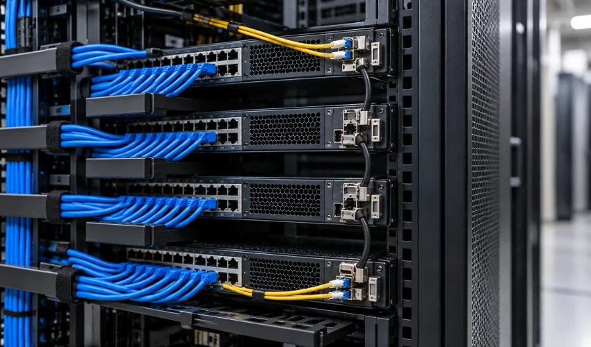 Four stackable network switches in a server rack linked by stacking cables, with fiber uplinks on the top and bottom members