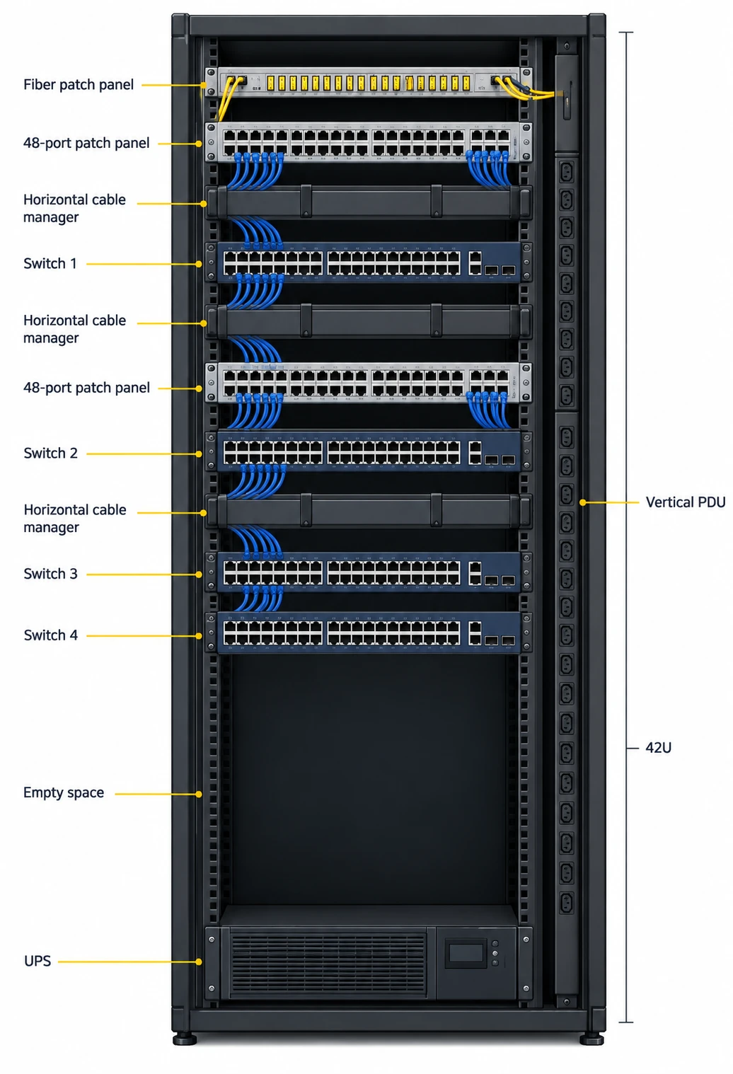Rack elevation of a four-switch stack with fiber and copper patch panels, horizontal cable managers, a vertical PDU and a UPS in a 42U rack