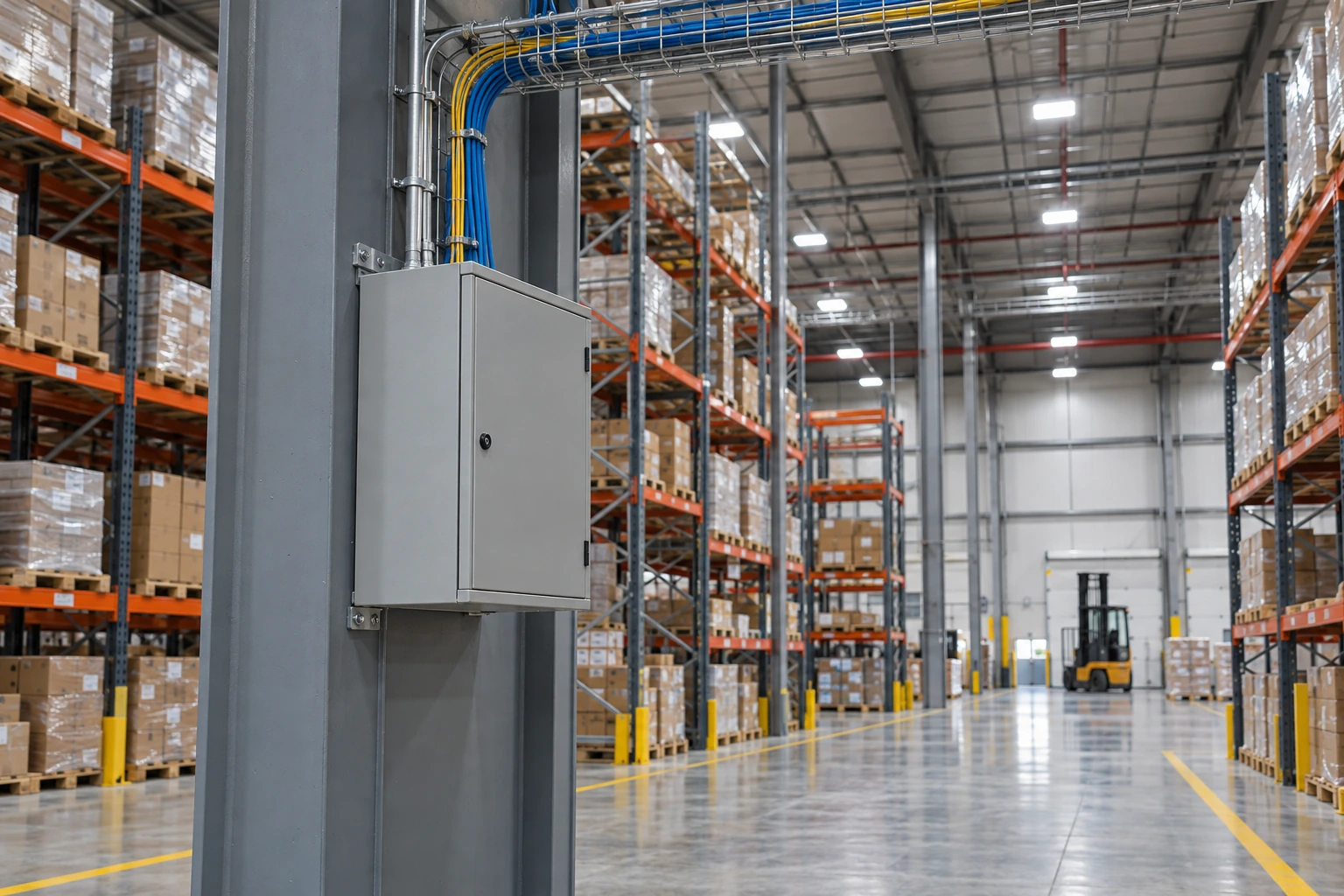 Sealed wall-mounted IDF enclosure on a warehouse column with fiber and Cat6 cables in conduit running up to the cable tray