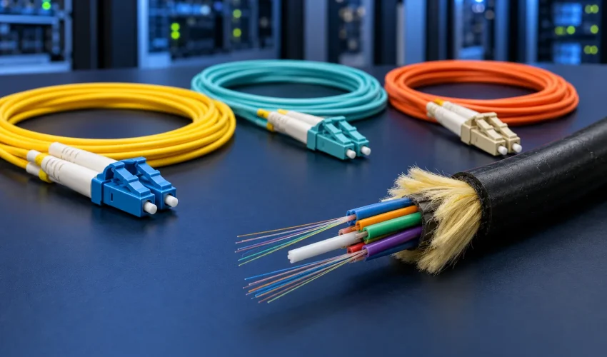 Yellow single-mode, aqua and orange multimode LC patch cords beside an opened outdoor loose tube fiber cable